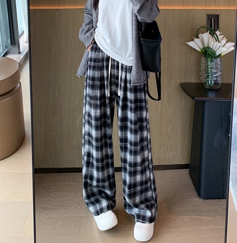 ワイドパンツ レディース ロングパンツ チェック柄 柔らかい ボトムス カジュアル ウエストゴム ハイウエスト シンプル カジュアル 大人 おしゃれ レトロ メンズライク 春 秋 お出かけ 休日 旅行