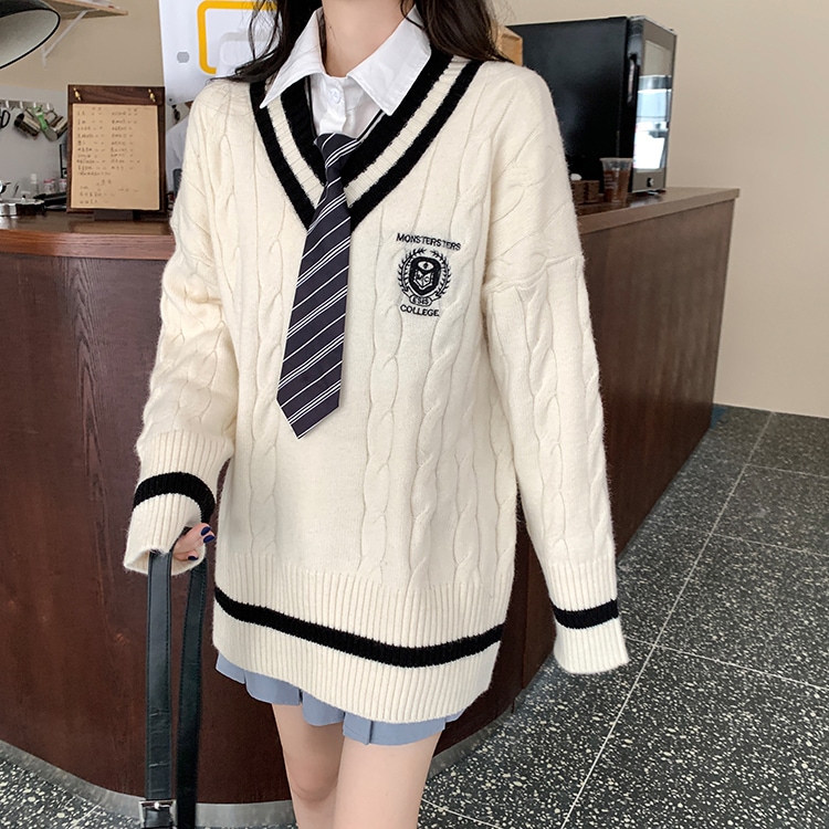 トップス シャツ セーター 白シャツ ミディアム丈 長袖 レギュラー袖 Vネック 襟付き 襟なし 角襟 ストレート ネクタイ ニット ウール 3点セット かわいい カジュアル お洒落 ラブリー