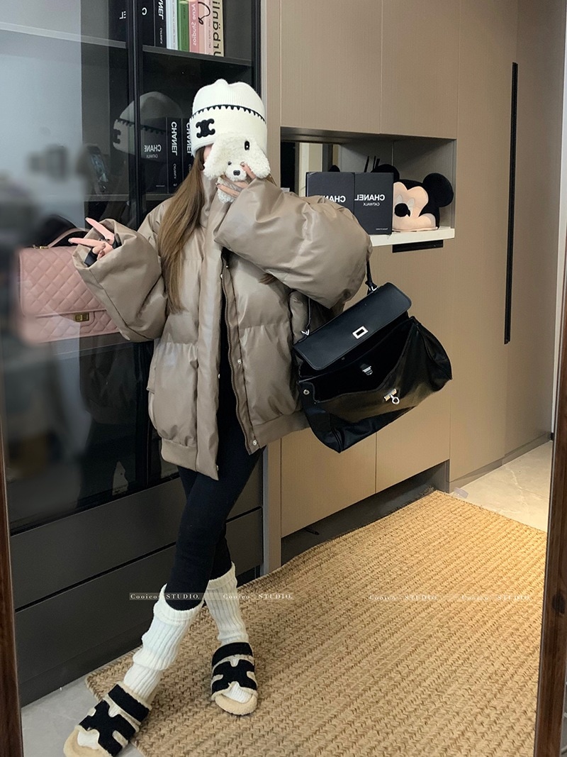 ふっくら中綿 あたたかい 冬 防寒あったか暖かいかわいい ブルゾン厚手アウターBF風スタンドハイネック無地羽織る ファッション系大人ゆったりカジュアルストリート にサイズ丈シルエット秋レディース黑白