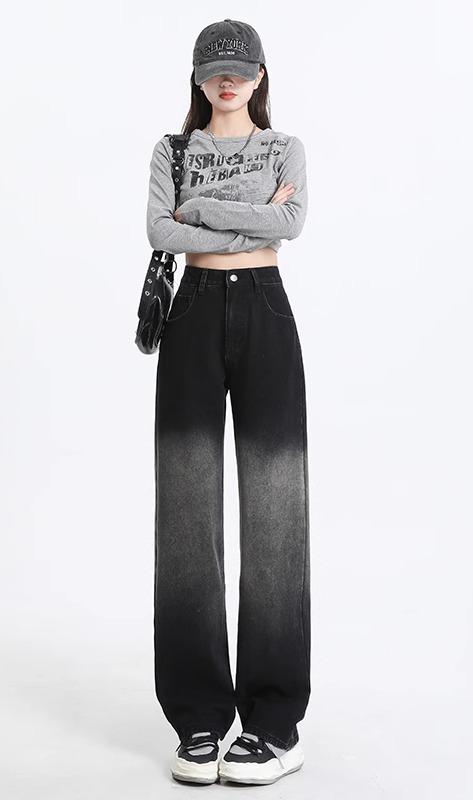 デニムパンツ レディース ボトムス タイダイ ジーンズ グラデーション ハイウエスト ワイド 秋冬 グレー ブラック 5,630円