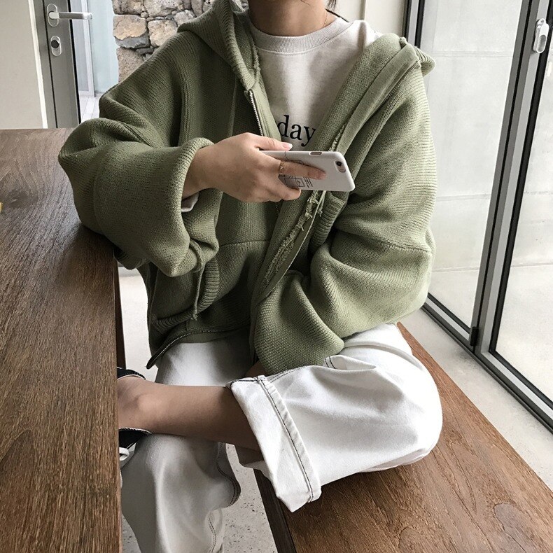 ジャケット レディース フード付き ニット ルーズ 長袖 ジッパー ストレート 厚手 ウォーム スリ