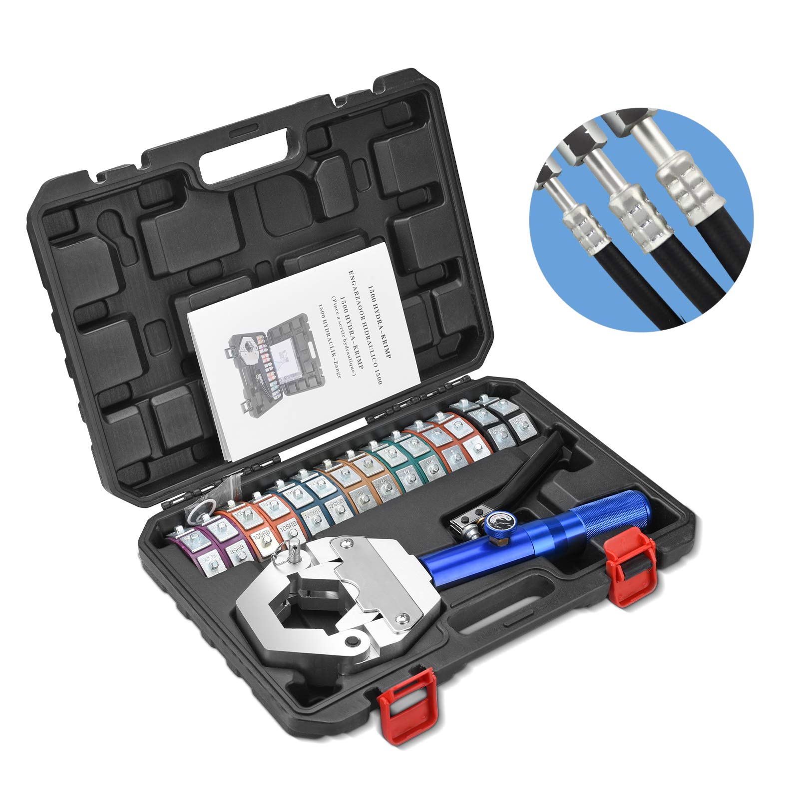 ホース圧着ペンチ 油圧クランプ ACホース圧着工具 一体式 8T 七種ダイス 収納ケース付き 自動車修理