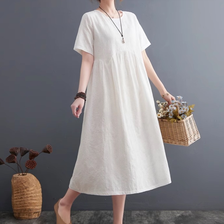 レディース スカート ワンピース ミモレ 半袖 ラウンドネック 襟なし ポケット ハイウエスト かわいい 大人可愛い きれいめ シンプル カジュアル 上品 おしゃれ レトロ こなれ感 ラフ ガーリー