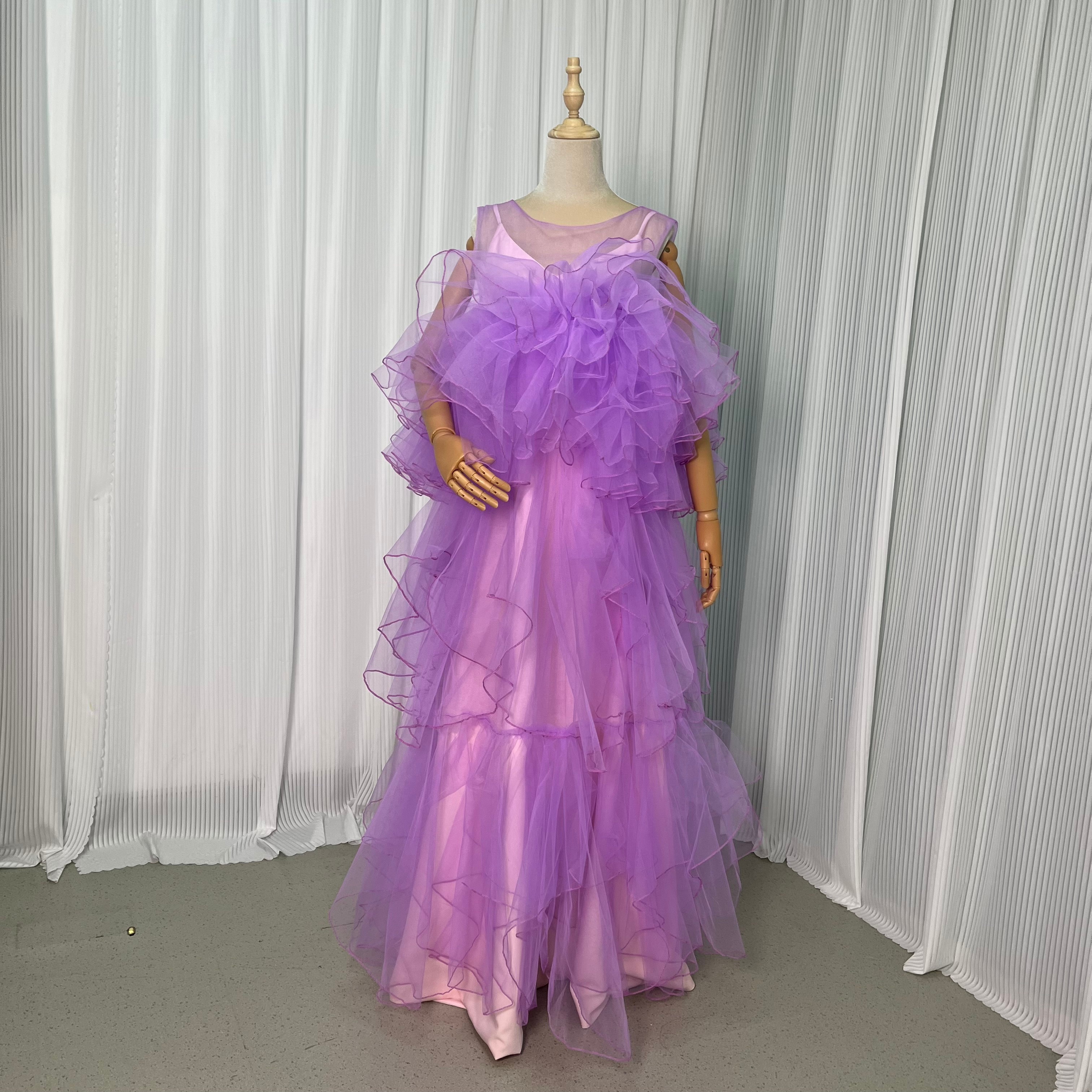 カラードレス パープル パーティードレス ラッフルフリル ツーピース デザイン感 音楽会/発表会など