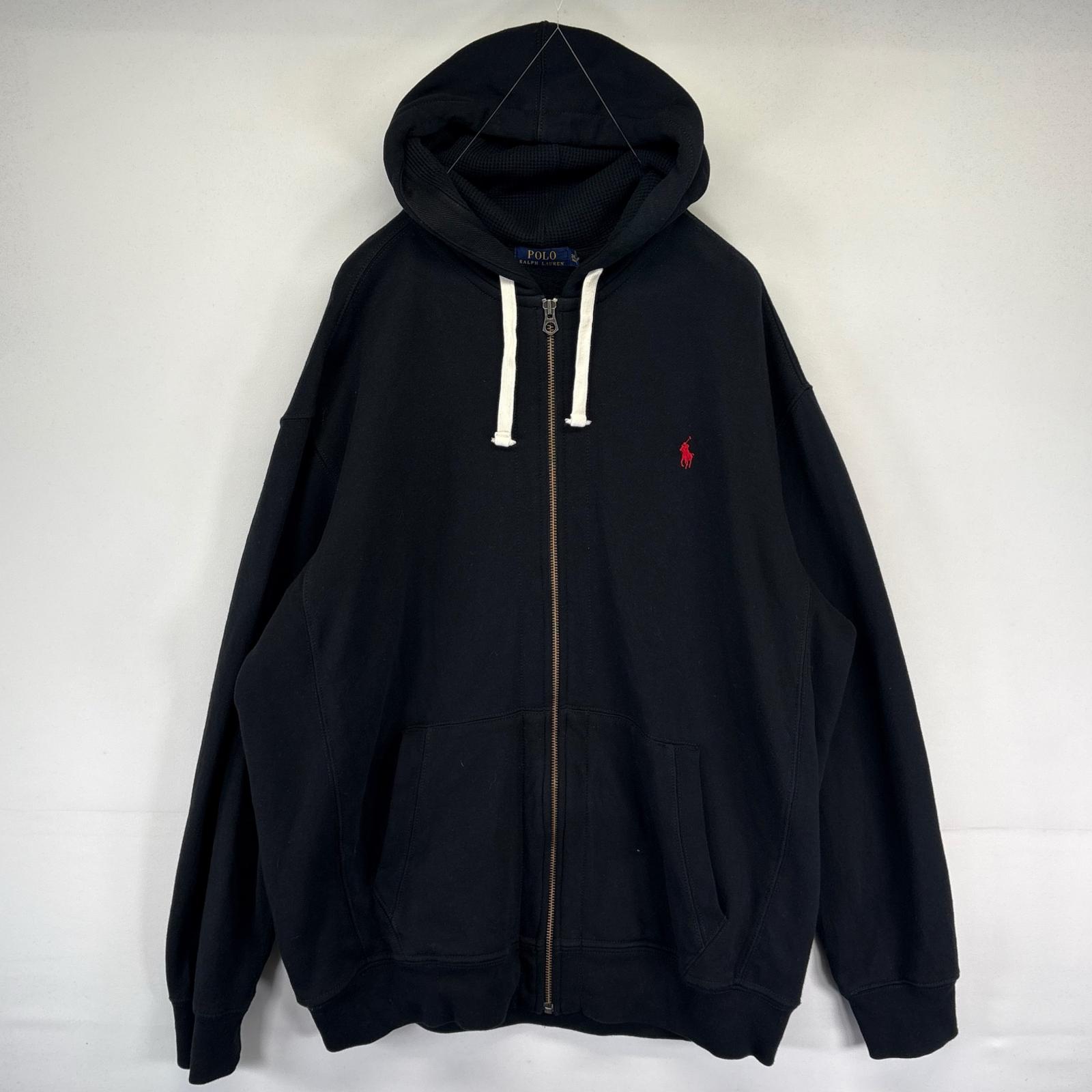 古着 パーカー フルジップ 裏地サーマル ワンポイントロゴ 2XL ブラック系 メンズ