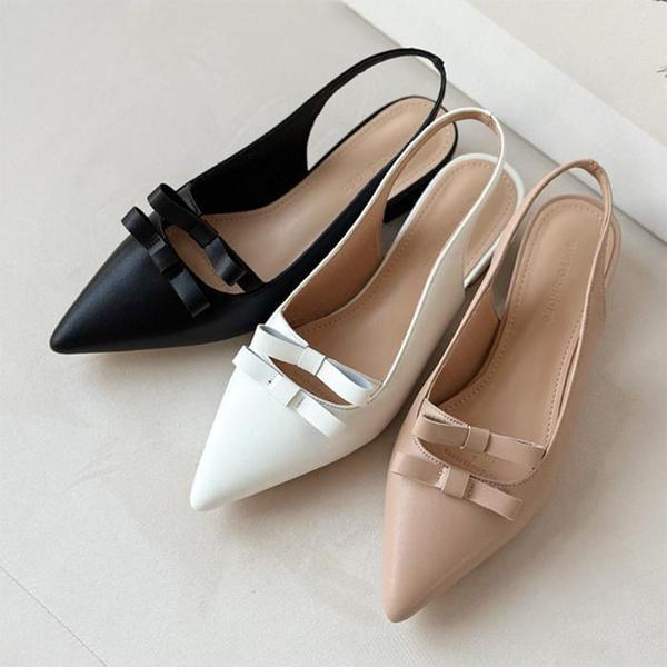 女性牛革リボンポイントスリングバックローヒール