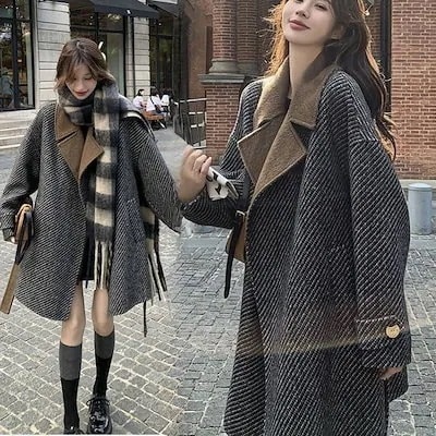 [本日限り激安SALE]ロングチ 厚手 高級感気質 レディース コントラストカラーストライプラシャコート 韓国ファッション 品質良い