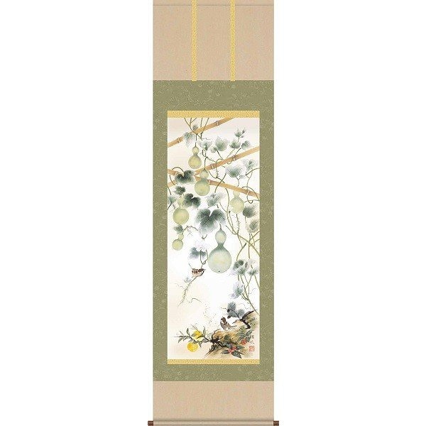 掛軸/開運画/開運花鳥/開運六瓢息災図/伊藤翔風/白雲書道会/洛彩緞子本表装/尺三サイズ幅44.5cm/化粧箱収納/表装品質十年保証