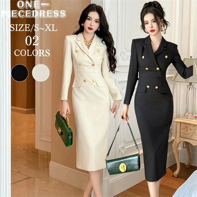 ワンピースドレス　タイトワンピース　ダブルボタン　フォーマルドレス　スーツドレス　パーティードレス　高級感　長袖　フェミニン　姫系　セクシー　上品 大人 きれいめ おしゃれ 結婚式 20代 30代 4