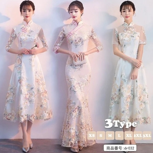 超人気 女性服チャイナ風ワンピース チャイナドレス 中国風 刺繍 レース マキシ丈 シースルー 花柄