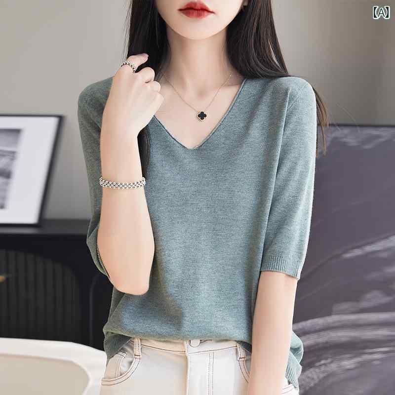 レディース ファッション トップス シンプル おしゃれ レディース ファッション トップス 精巧 軽量 涼しい 涼しい 通気性 快適 快適 明るい ニット 半袖 Tシャツ フランス 半袖