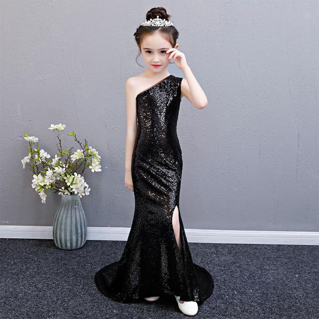 子供 ドレス ブラック 大人っぽい マキシ丈 ロングドレス フィッシュテール キッズドレス ピアノ 発表会 女の子 マーメイド 子ども 結婚式 フォーマル 子供服 スパンコール ワンショルダー ノース