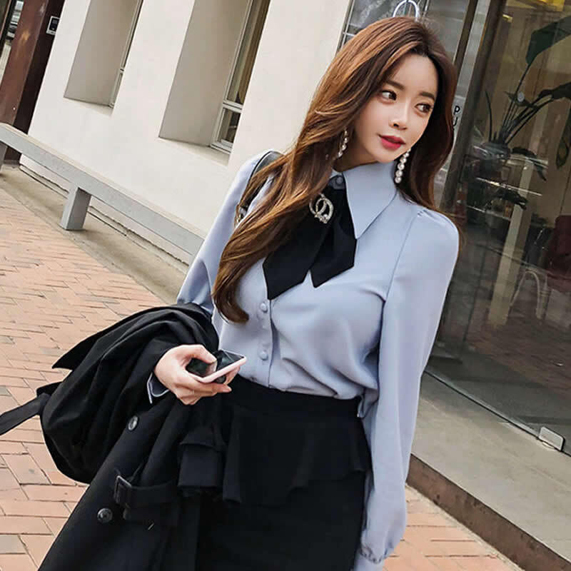 レディース トップス シャツ ブラウス 長袖 襟付き リボン 前開き ポリエステル かわいい