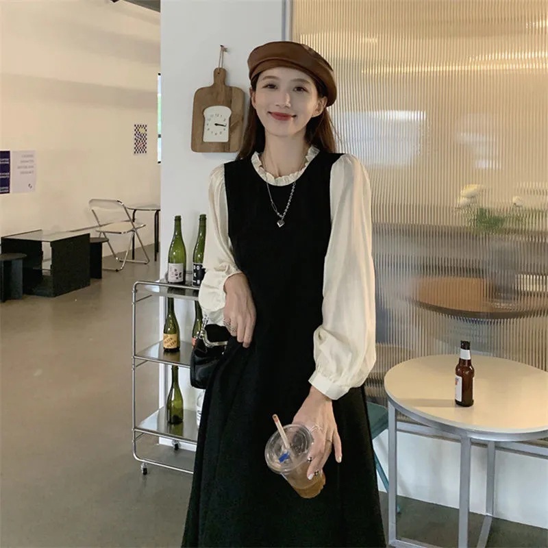 秋冬新作大きいサイズ太mm肉をカバーして年齢を減らす継ぎ接ぎ長袖女性ドレスウエスト痩身と気質膝丈スカート