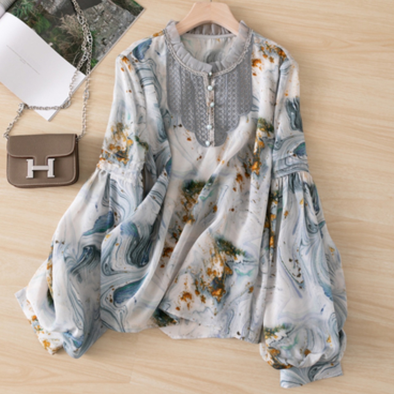 トップス シャツ レディース ランタン袖 袖あり 長袖 ストリート 襟なし スリムフィット 刺繍 単列マルチボタン ボタン セクシー かわいい 大人可愛い きれいめ 大人 おしゃれ お洒落 大人女子