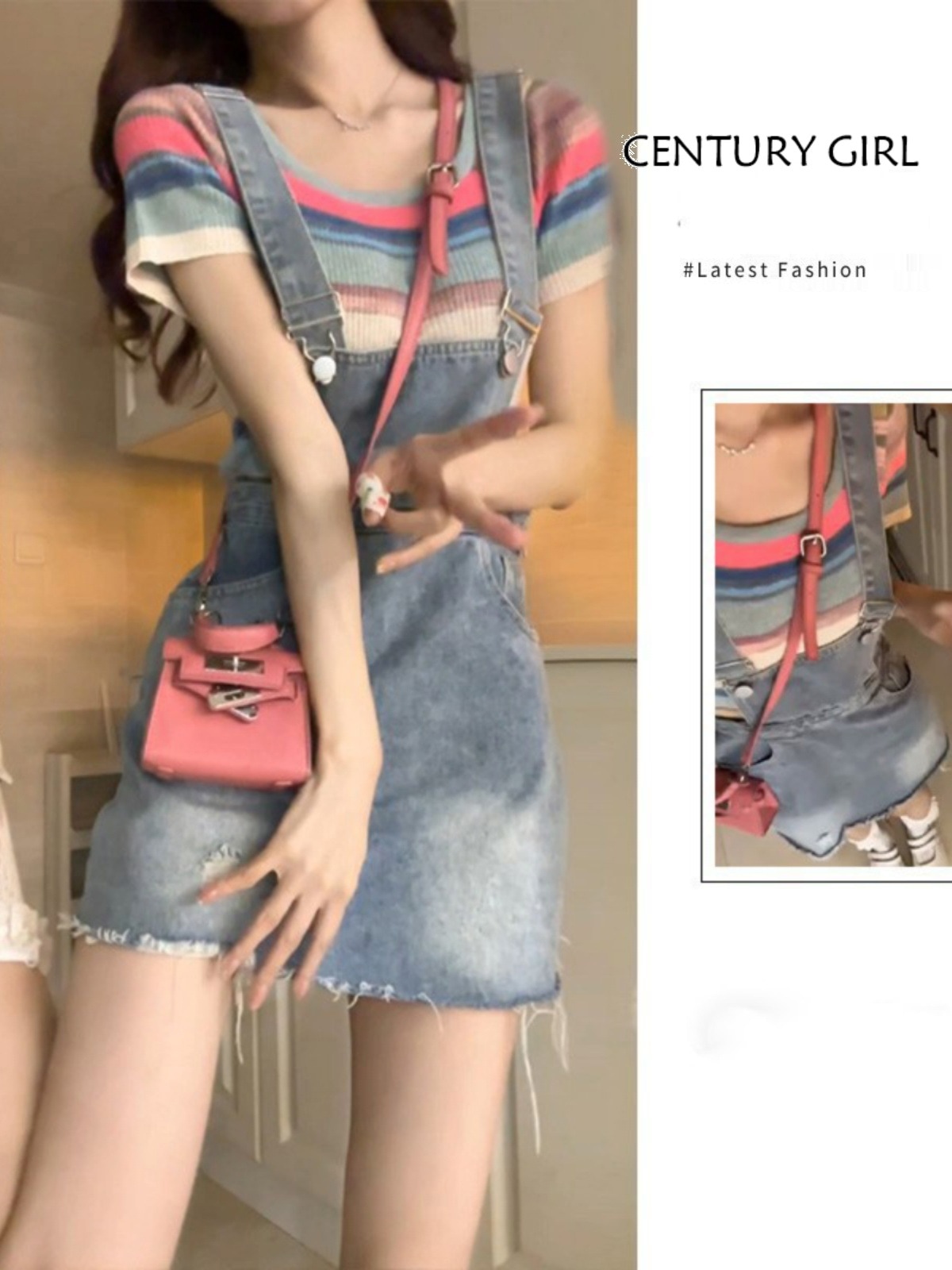 夏茶風コーデは元気で遊び心がありおしゃれで年齢も軽減できる韓国ドラマドーパミンtシャツデニムサスペンダースカートツーピーススーツ