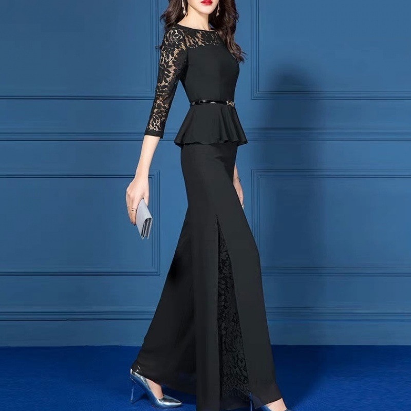 2ピース 上下セット 2点セット パンツドレス レース 長袖 ぺプラム ワイドパンツ スリット ブラ