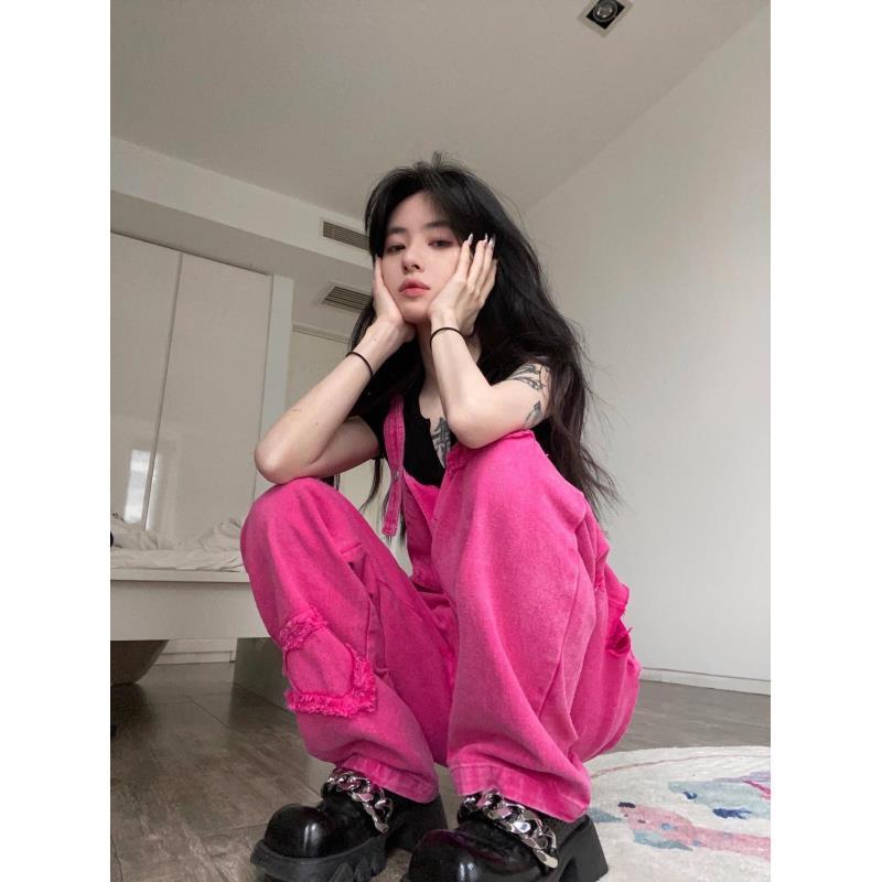 ローズレッドデニムオーバーオールレディースサマーレトロスタイルルーズデザインニッチシックストレー