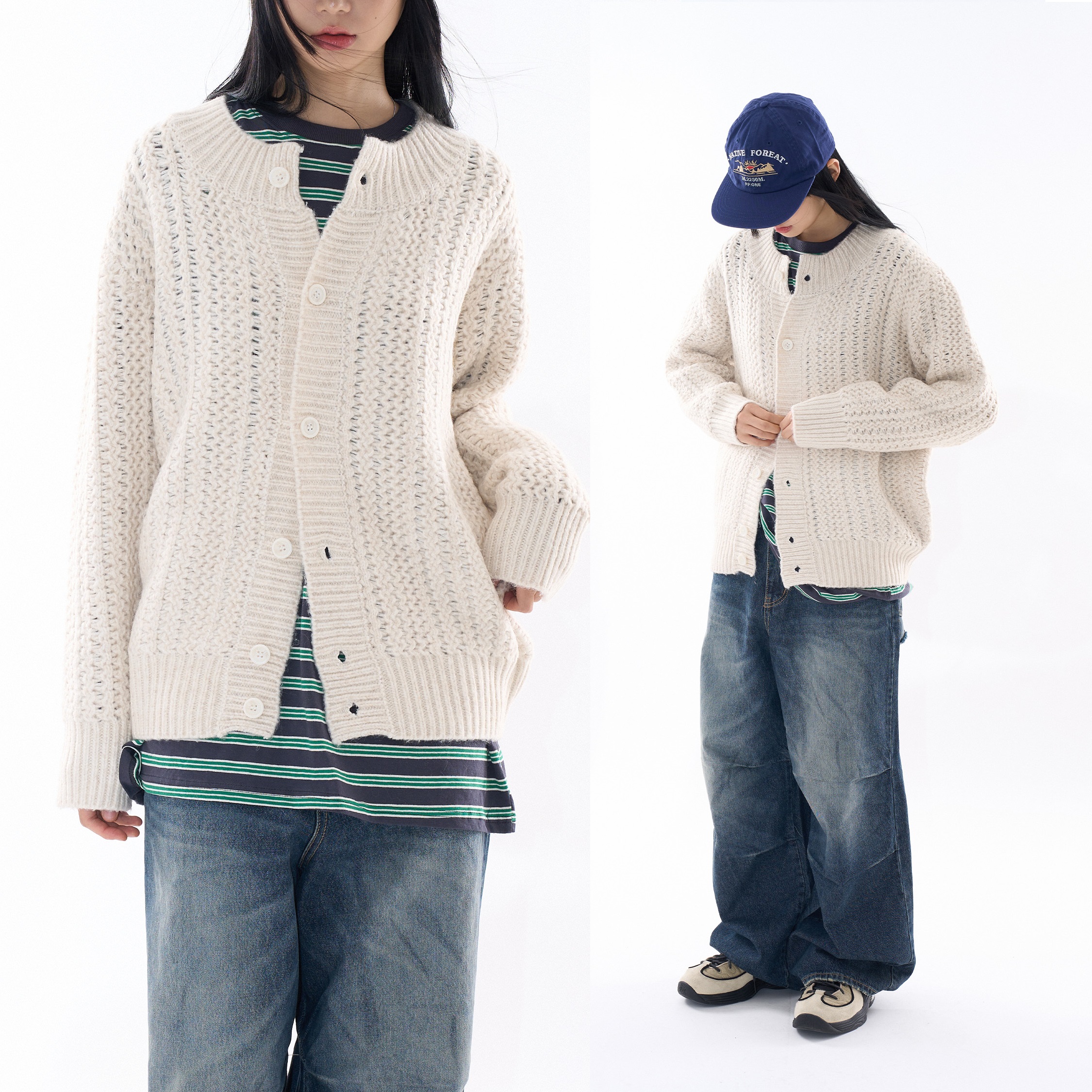 [2024 FW] マヤ ラウンドネック ウール ブラシ カーディガン (UNISEX) ヴィンテージ 韓国ファッション オーバーサイズ スタイル k-pop ファッション 秋 冬 ファッション