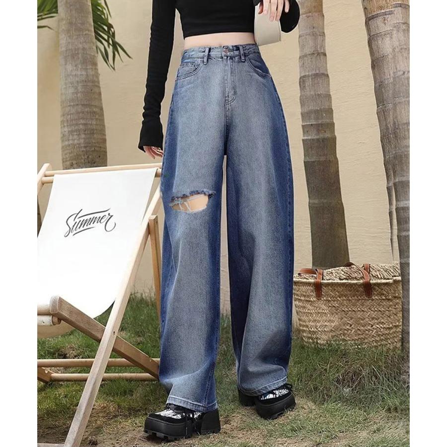レディースパンツ デニムワイドパンツ サイドダメージ風