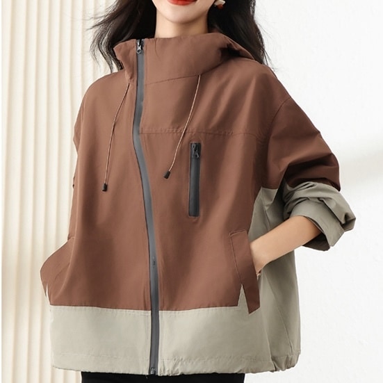 フード付 バイカラー ジャケット レディース ジャケット 上着 長袖 スタンドカラー フード ストリート ファスナー ポケット 切り替えデザイン バイカラー 配色 カジュアル かっこいい スポーティー 9,713円
