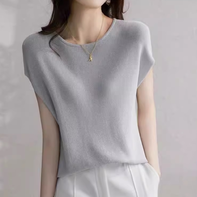 レディース トップス プルオーバー サマーセーター サマーニット 半袖 ラウンドネック 襟なし 背中開き 伸縮性 ボタン 薄手 かわいい 大人可愛い きれいめ シンプル カジュアル 上品 おしゃれ