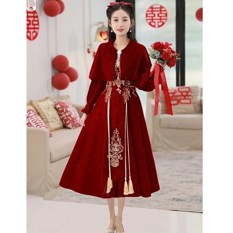 バーガンディの乾杯スーツ花嫁の感プラスサイズの結婚式帰省長袖マタニティ婚約ドレス冬の女性の結婚披露宴