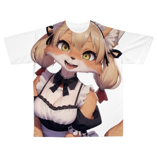 【文字入れ可能受注生産】キツネの女の子　メイド　ケモナー フルグラフィックTシャツ