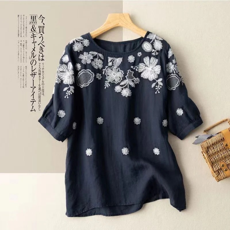 綿麻ゆったりアーティスティック刺繍tシャツレディース夏薄手ラウンドネックプルオーバー薄手半袖ボトムシャツトップス