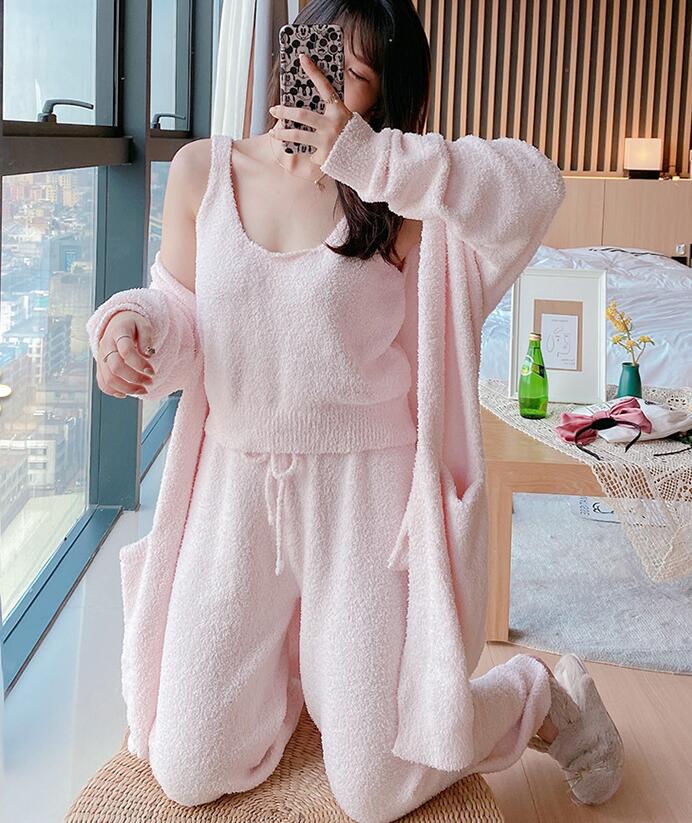 高評価!!$$超人気「」超可愛いレディース 姫系 ネグリジェ 寝巻き ルーム3点セット ナイトウエア パジャマ ロングパンツ/長ガウン+パンツ+キャミソール 部屋着 大人 女性 ランジェリー 無地