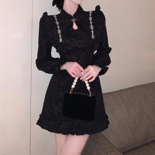 【即納】ワンピース ミニワンピ 量産型 お嬢様 韓国 原宿系 ゴスロリ ゴシック ロリータ 花柄 マオカラー 春 秋 冬 長袖 ショート丈 ミニ丈 おしゃれ 可愛い 清楚 上品 きれいめ フリル フレ