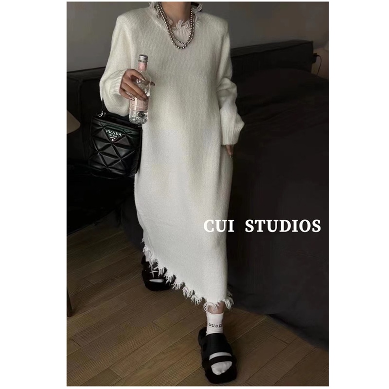 フリンジ付きセーターワンピース ニットワンピース ラウンドネック 韓国 ゆったり ストレート 秋冬 ロング丈 レディース ニット セーター ワンピース ドレス ４カラー D293 5,502円