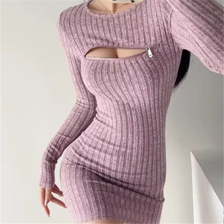 【1つ買うと10つ無料】韓国姉妹の胸胸ジッパーセクシーな中空の長袖スカート女性のピットスリムヒップスカート