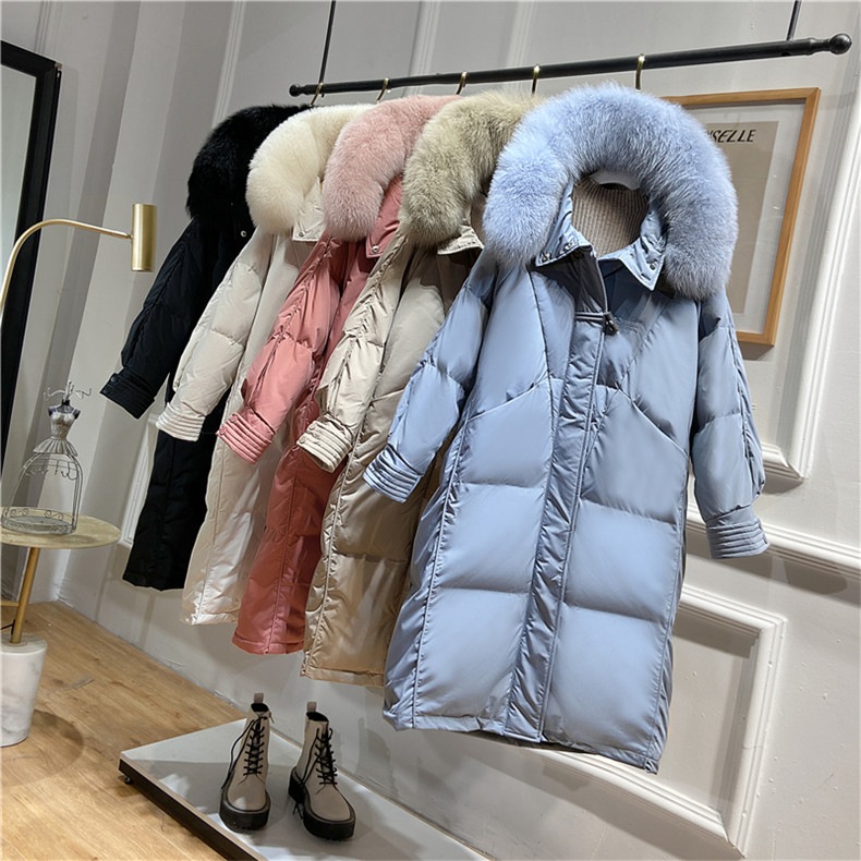 ファーフード付き ロングダウンジャケット ダウンコート ダウンジャケット ホワイトダックダウン ロン