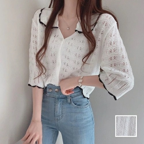 カーディガン 韓国 ファッション レディース 春 夏 カジュアル コーデ シンプル 定番 セレカジ 20代 30代 40代 2025 透かし編みニット モノトーン 七分袖 5,073円