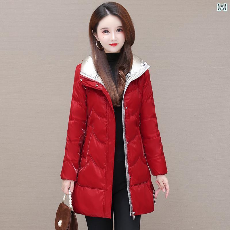 レディース ダウンジャケット ミディアム 丈 スタンドカラー 光沢 無 洗 ダウン ジャケット 女性 冬 厚手 暖かい ホワイトダックダウン