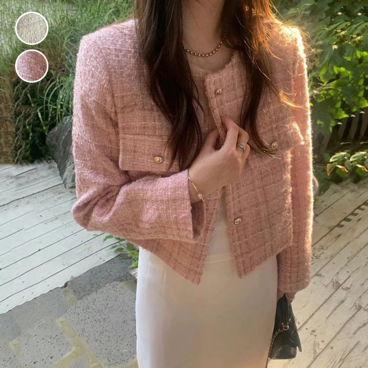 ジャケット ツイードライク ショート丈 ノーカラー オフィス フォーマル チェック 長袖 秋冬 おすすめ レディース オシャレ トレンド 人気 プチプラ 韓国ファッション