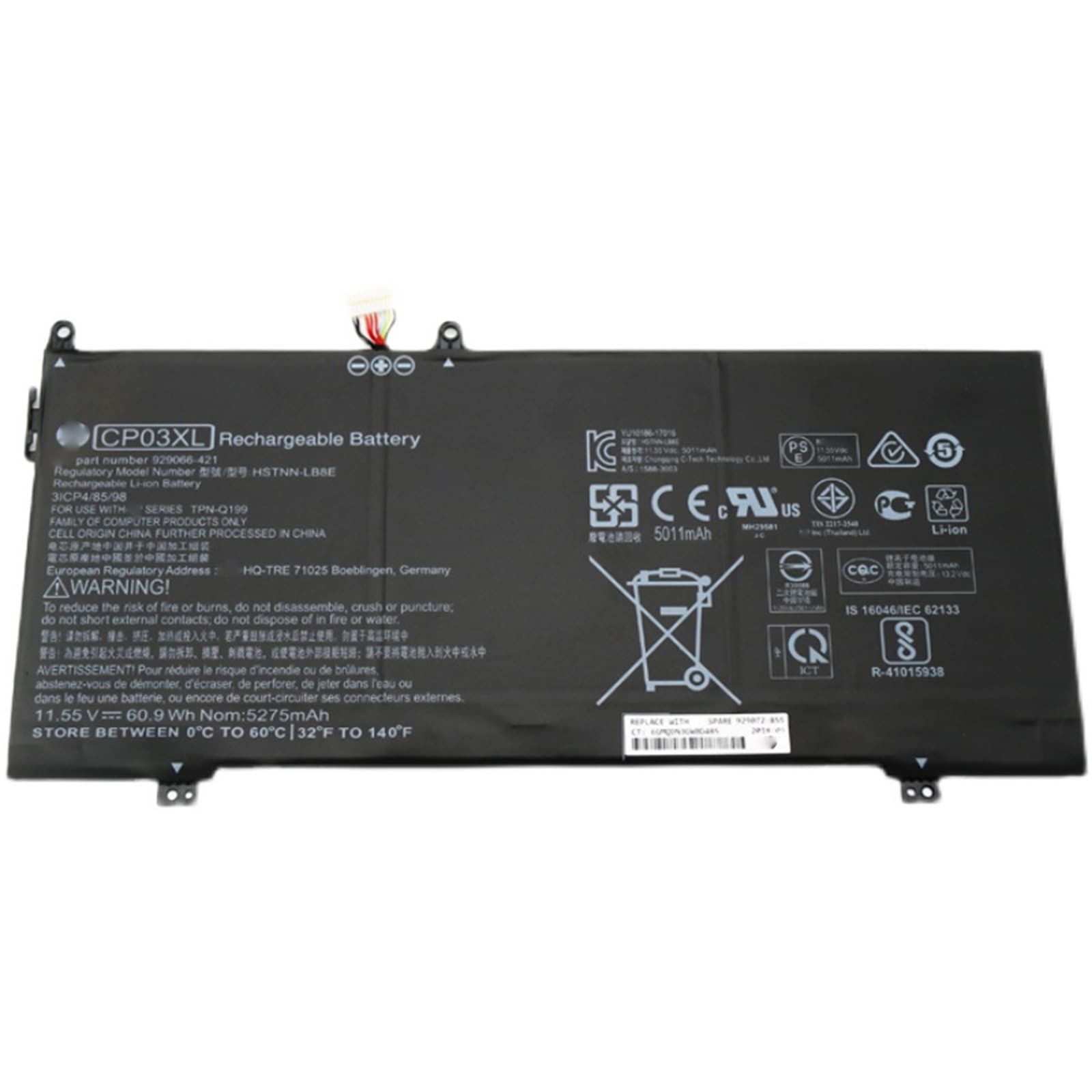 CP03XL 電池・HPノートパソコン互換 60.9Wh/5011mAh Spectre X360 HSTNN-LB8E CP03XL TPN-Q195 交換用のバッテリー dc909-A450