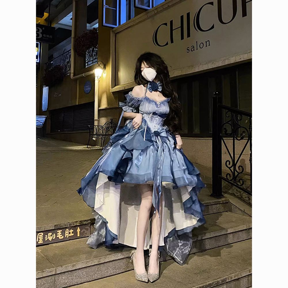 ブルー花柄ウェディングドレスロリータドレス重工業末尾ふわふわプリンセスドレスファッショナブルな甘い妖精ドレス