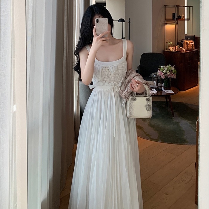 ホワイトムーンライト初恋甘い気質優しいドレス女性夏妖精プリーツサスペンダースカート