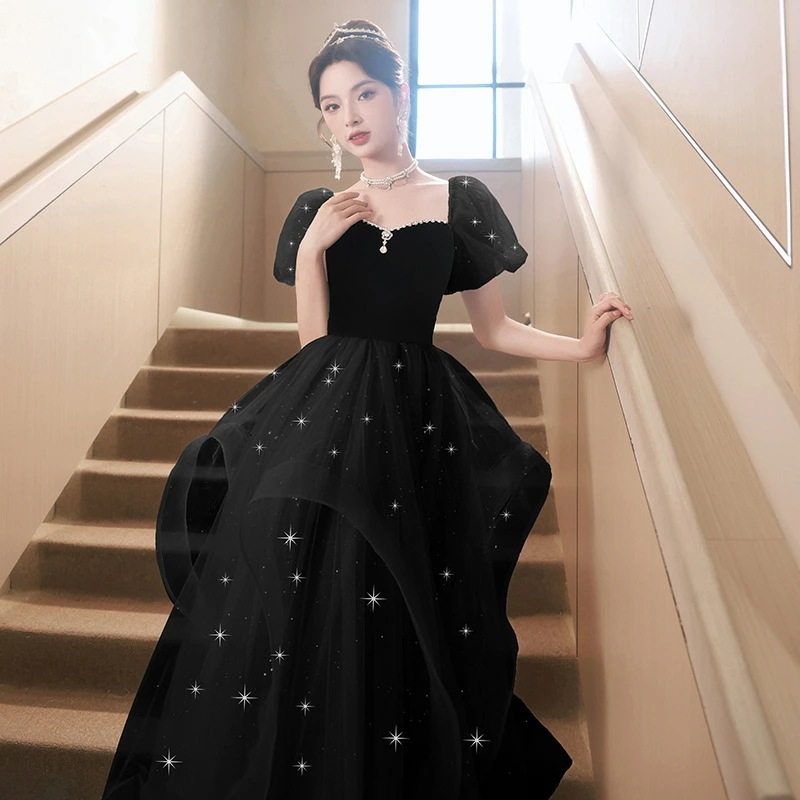 イブニングドレス 黒 ベロア ベルベット 発表会ドレス ブラック ロングドレス パーティードレス シャンパン色 フレア フリル 可愛い 結婚式ドレス 二次会ドレス ロング Aライン ドレス 発表会 パ 7,760円