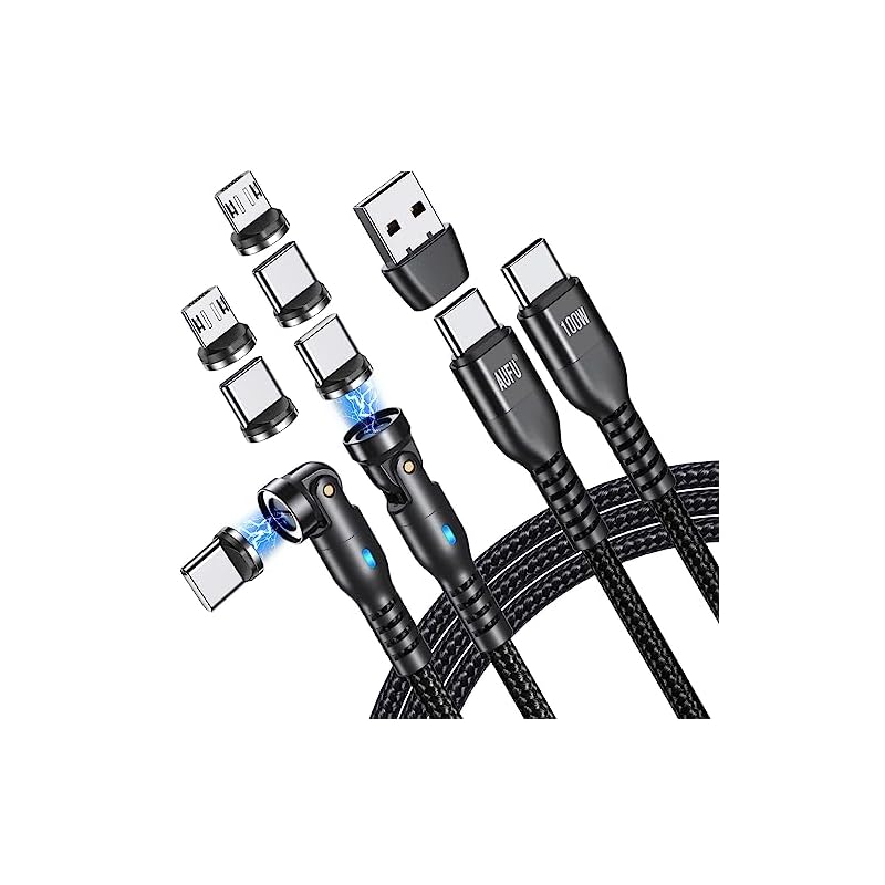 100W PD対応 マグネット 充電ケーブル 9ピン USBケーブル【1.8m+1.8M】 540回転 1本6役 USB-A変換アダプタ付き 超急速充電 高速データ転送 片手操作 タイプc マイクロ