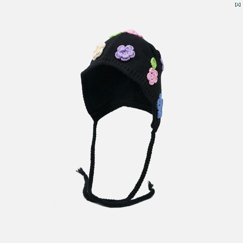 和菓子 かわいい 立体 花柄 ウール 帽子 レディース 秋冬 暖かい 耳保護 韓国 快適 ニット 帽