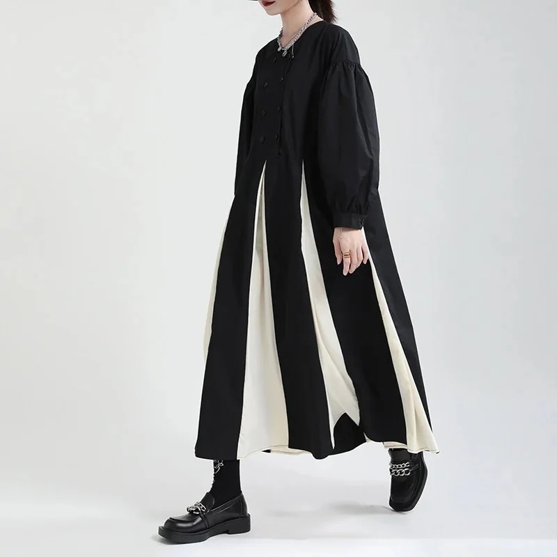 パーティードレスドレス切り替え 長袖 バブル袖 ワンピース ロングワンピース おしゃれ ゆったり 着痩せ 服レディース