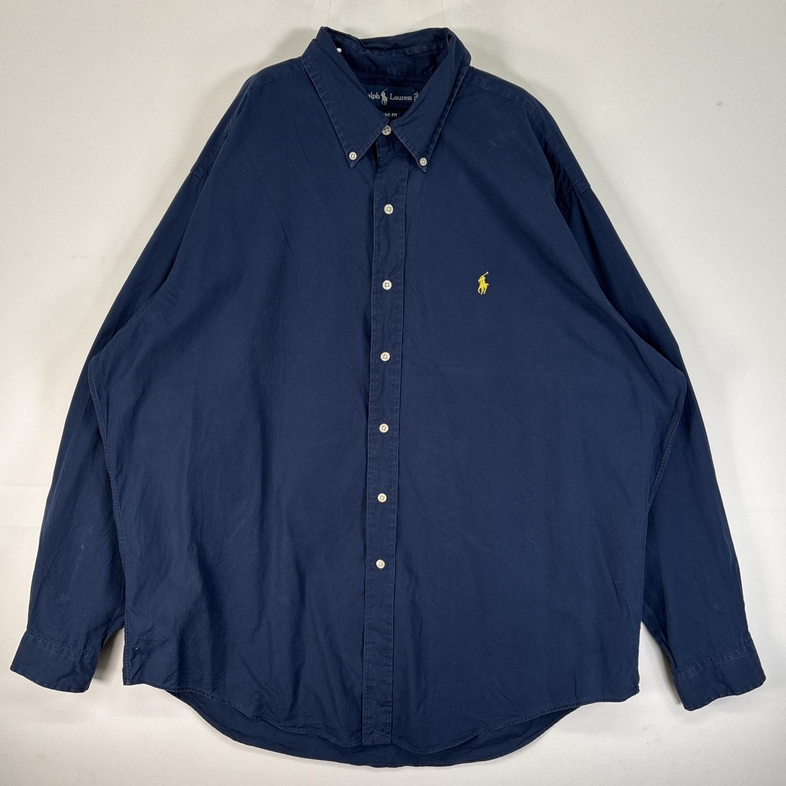古着 長袖シャツ ロゴ 刺繍 大きいサイズ ボタンダウン XL ネイビー 無地 メンズ