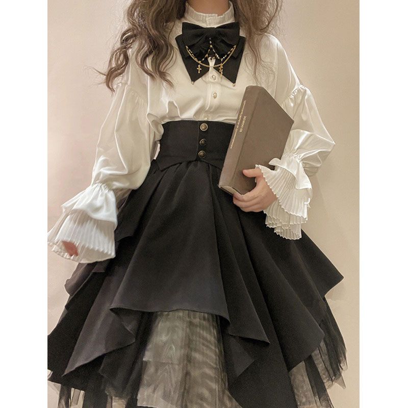 ヘビーインダストリアルゴシックスタイルプリーツランタンスリーブシャツウエストメッシュスーツスイートクール