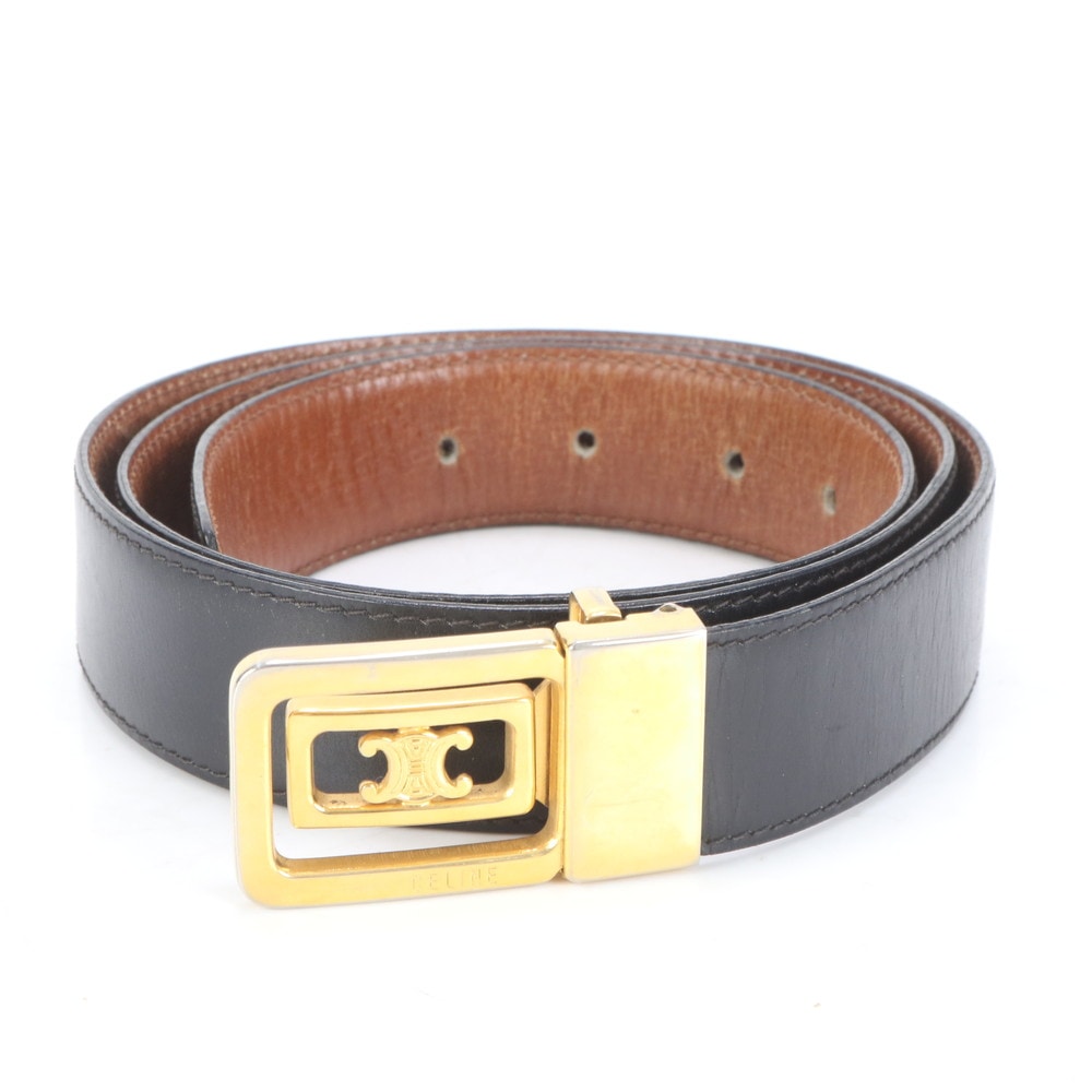 美品 トリオンフ バックル ファッション おしゃれ レザー ベルト 本革 ブラック 黒 ゴールド メンズ EUM CP22-10 中古