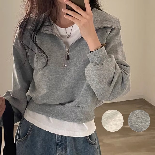 ２カラーレディース トップス セーター プルオーバー パーカー トレーナー スウェット ジャージ 長袖 レギュラースリーブ ポロカラー スーツカラー ワイド ファスナー かわいい シンプル カジュアル