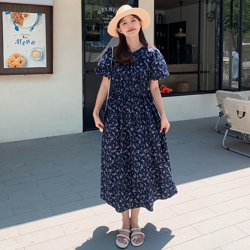 フレンチレトロライト大人スタイル花柄ワンピース女性2024夏新作ラウンドネックバブルスリーブウエストロングスカート