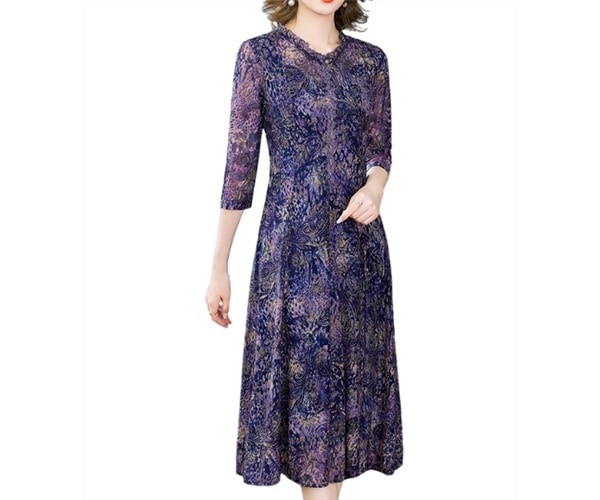 レディース ワンピース プルオーバー ドレス ミモレ 7分袖 フレア Aライン フリル メッシュ 大人可愛い きれいめ 上品 おしゃれ レトロ 個性的 エレガント 存在感 ラグジュアリー シック